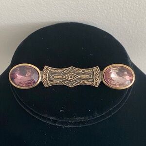 Vintage Bronze Color Purple Glass Cabochons Bar Brooch